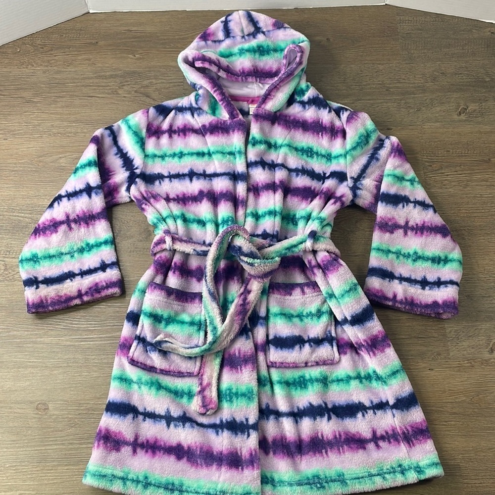 Cat & Jack Girls Purple Blue Green Tie Dye Fleece Bath Robe, size M 7-8